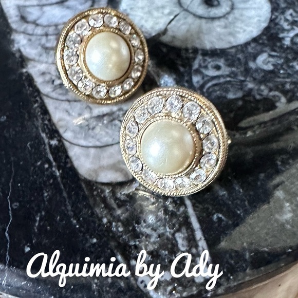 Gold-Toned Pearl and Crystal Stud Earrings - Picture 1 of 1